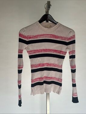 Maje Ribbed Crewneck Stripe Knit Top - Pink & Black size 2
